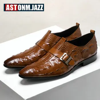 

Casual Men Shoes Leather Red Formal Brogue Shoe Buckle Emboss Crocodile Genuine Leathers Mens Loafers Leather Dress Wedding Shoe