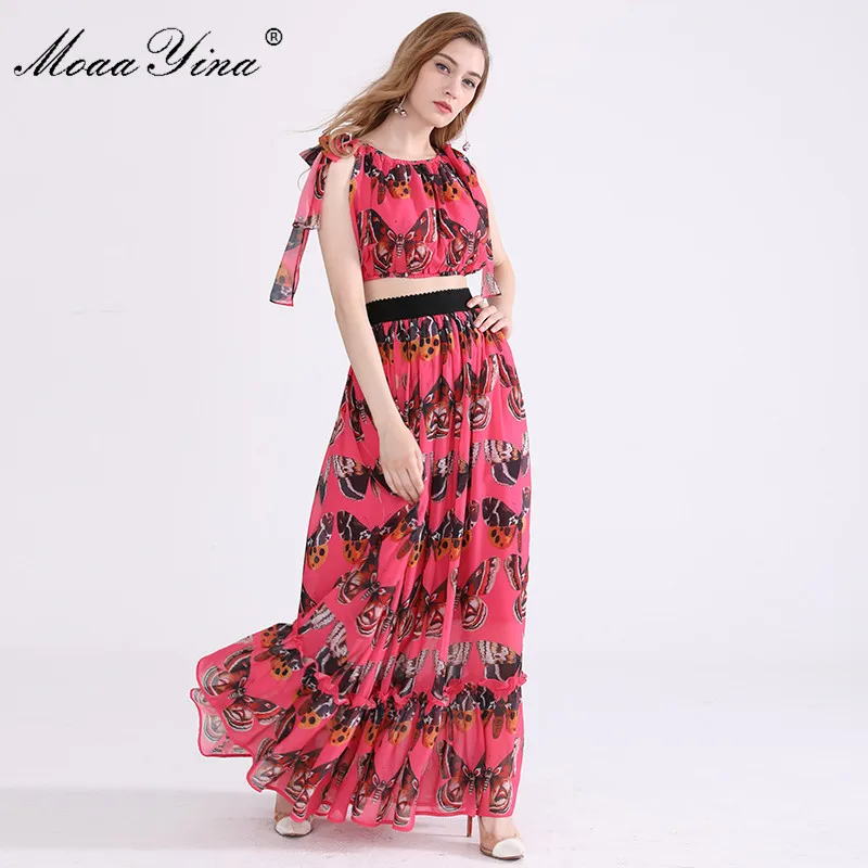 MoaaYina Высокое качество модные дизайнерские комплект летние женские бантом короткие блузка + Романтический бабочка печати Элегантная