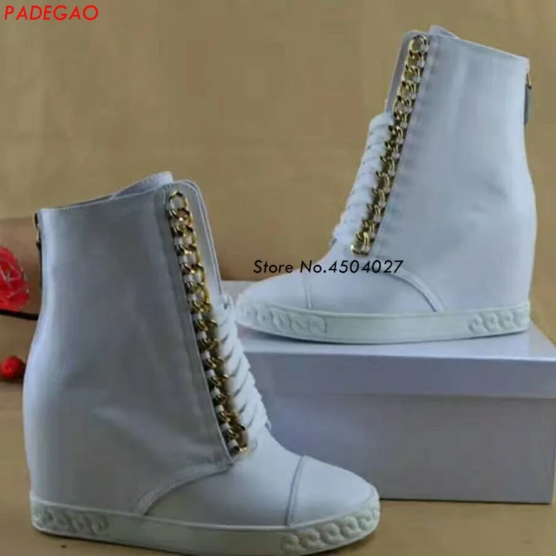 

Women Back Zipper Hidden Wedge Platform Fashion Ankle Booties Lace Up Metal Chain Height Increasing Short Boots Shoes