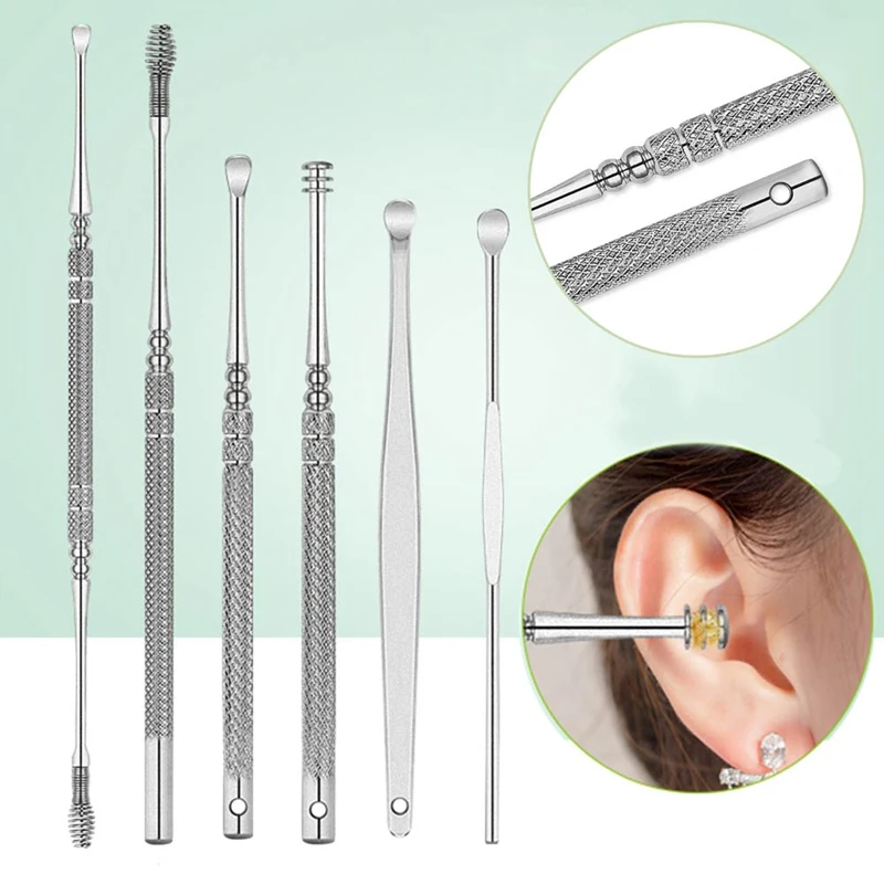6pcs Ear Wax Removal Kit Ear Silver Earpick Remover Curette Earwax