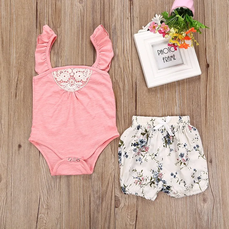 2PCS Toddler Baby Girls Summer Clothing Set Babies Bodysuit Sunsuit