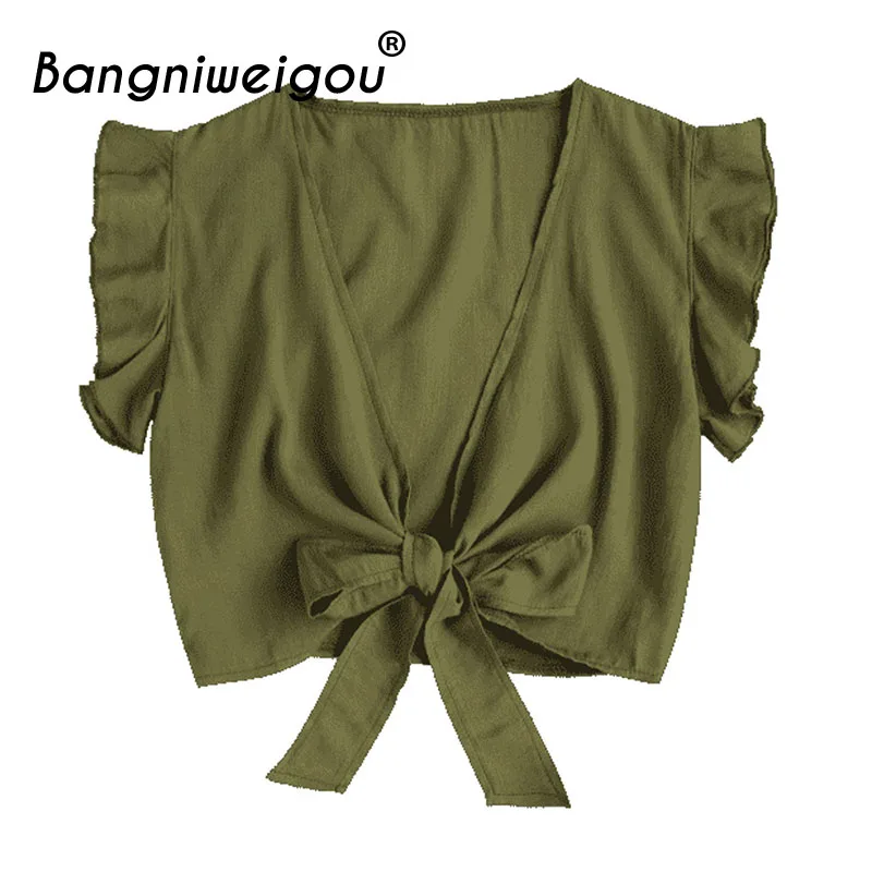 Прямая поставка; рубашка с завязками спереди и бантом; Однотонная рубашка с рукавом-бабочкой и v-образным вырезом; жилет; кардиган; блузка; Летние укороченные топы для женщин; рубашка - Цвет: Зеленый