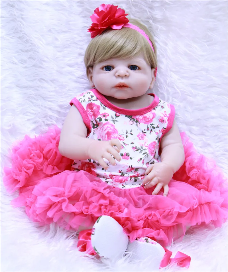 

22" Reborn dolls full body silicone reborn babies pink dress blond hair realistic girl bebe alive reborn bonecas kids gift