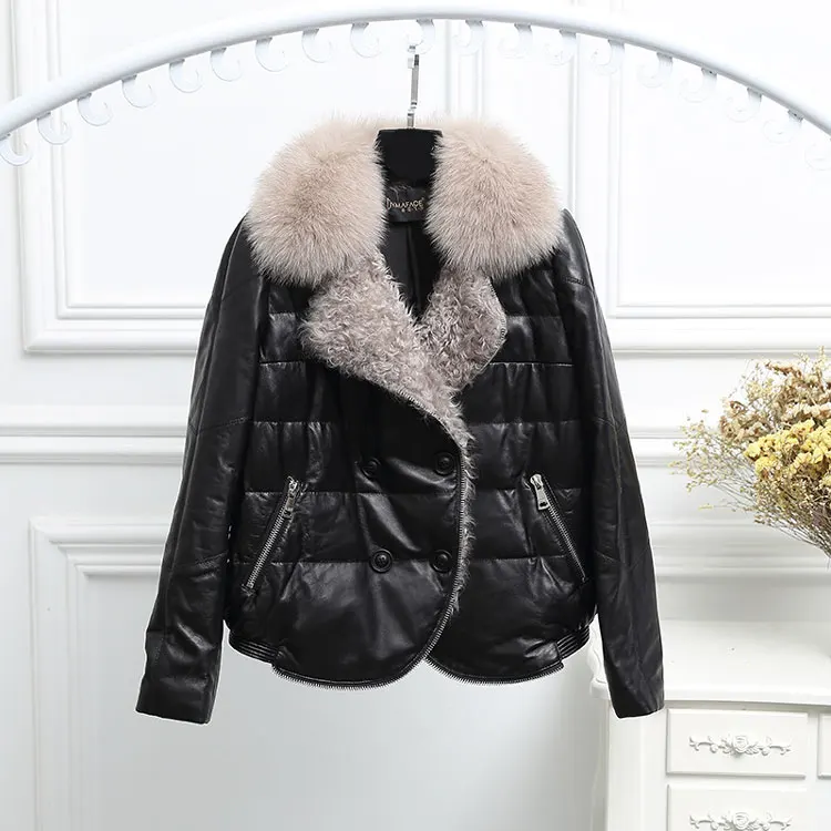 Натуральный Лисий Мех зимнее пальто для женщин свободного покроя толстые топы с подкладкой из овчины Натуральная кожа куртка одежда натуральный мех пальто - Цвет: black
