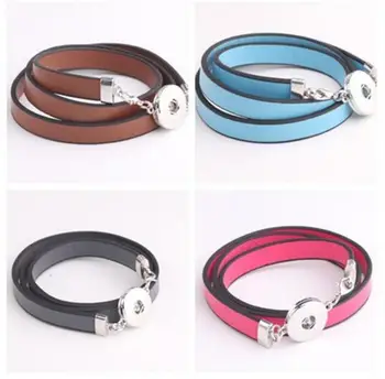

5Color Vintage Silver 3 Rows Snaps Button Bracelet PU Leather Charms Braclets Bangles For 18mm Snaps Button Jewelry 5pcs B141