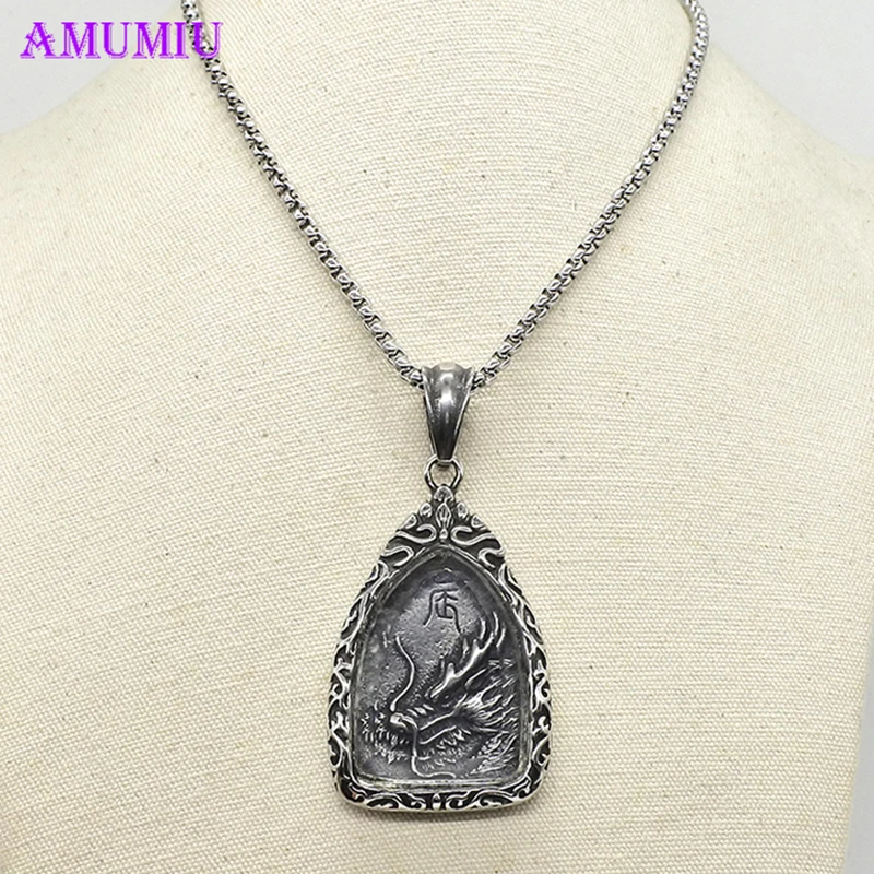 AMUMIU Сталь кулон Цепочки и ожерелья Natural Energy Stone китайский дракон тег Лаки амулет