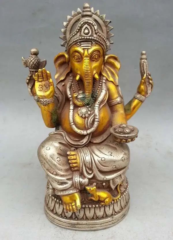 

Free shipping shitou 002152 6.7" Tibet Tibetan Gilt Silver Bronze Elephant Headed God Ganesh Statue