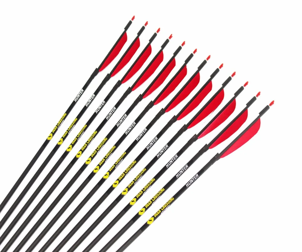 

12pcs Archery carbon arrow spine300/340/400/500/600 ID6.2 with 5"Turkey fletching feather pin nock 100gr replaceable point