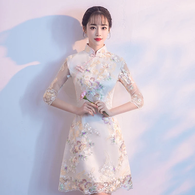 Сексуальное розовое женское Короткое платье Cheongsam летнее традиционное в