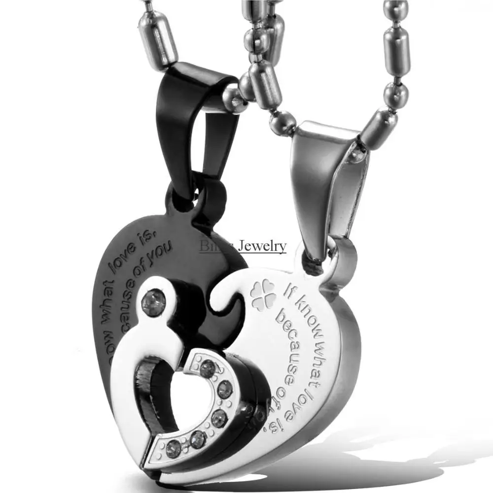 1 pair Black Sivler 316L Stainless Steel Two Half Heart Necklaces For Couples Lover Heart Pendant