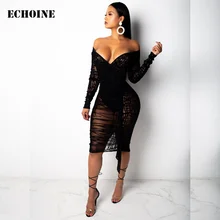 Plus Size Lace Sheer Mesh Off Shoulder Sexy Midi Dress Slit Sexy Club Outfit Elegant Sheath Bodycon Party Dress Woman Vestidos casual off the shoulder sheath slit dress