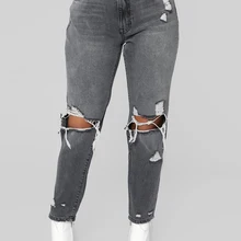 Серые рваные джинсы, сексуальные штаны для женщин, Клубная одежда, уличный стиль, уличная одежда со средней посадкой рваные Выбеленные брюки полной длины
