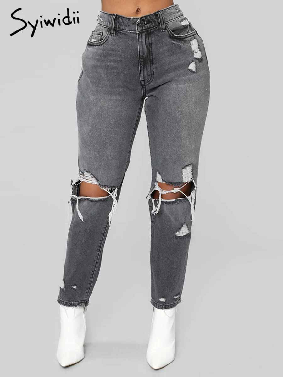 

gray ripped jeans sexy pants for women clubwear street style streetwear Mid waist Hole Hollow Out Bleached Full Length trousers