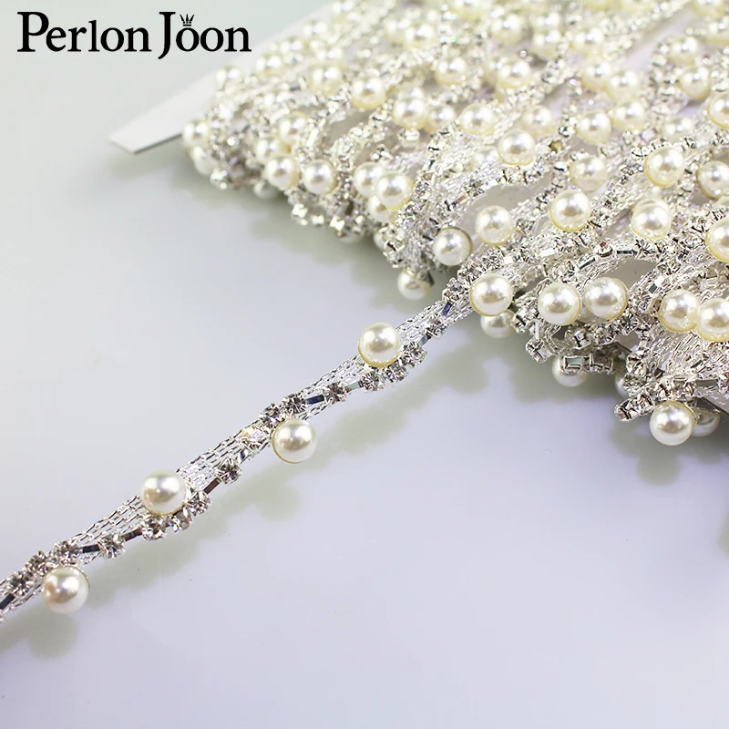 

1 yard S shape pearl rhinestone trim silver metal crystal pearl bending ribbon decoration women shoes clothes accessories ML063