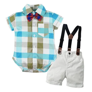 

Baby Boy Romper Suit For Infant Clothes Bow Formal Gentleman Children Plaid Shirt + White Belt Shorts Newborn Clothing Set