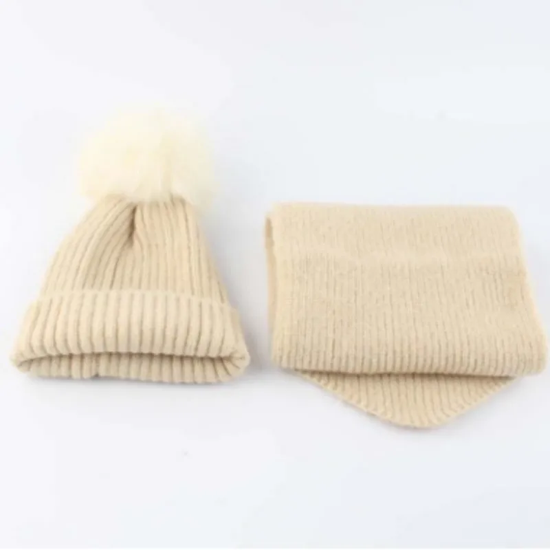 Комплект из настоящего шерстяного шарфа и шапки для маленьких девочек, модная зимняя шапка с помпоном из натурального Лисьего меха, шарф высокого качества, натуральный помпон Лисий мех, зимняя шапка
