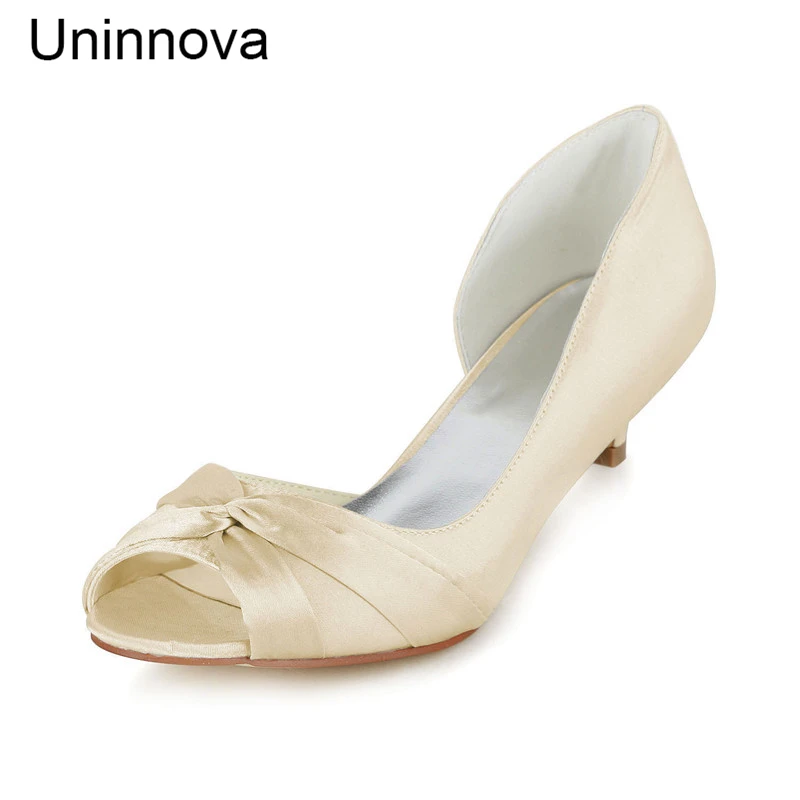

Peep Toe Brides Bridesmaids Wedding Heels Ivory Pleated Tie Satin White Kitten Mid Heel Elegant Big Day Pumps 011-16