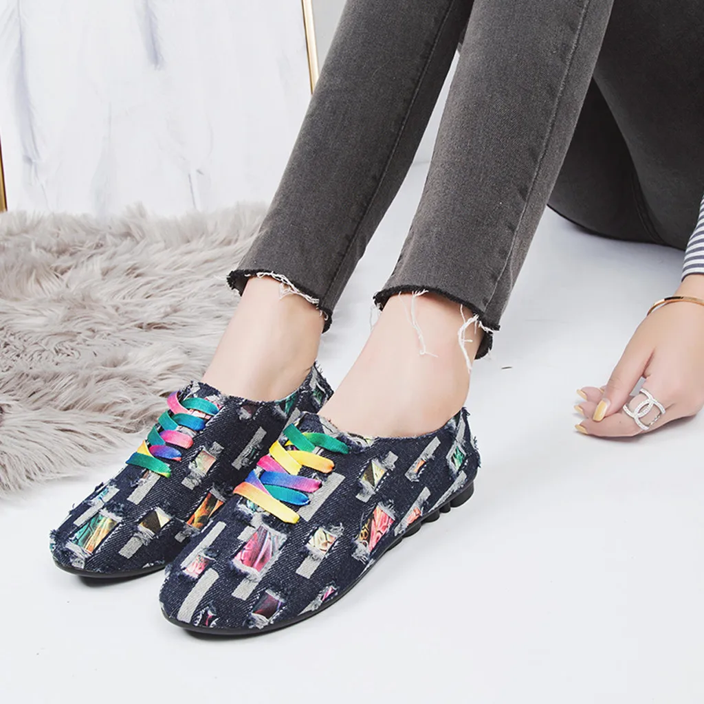 

new fashion printed shoes for Women Low-Heeled Leisure Round Toe Denim Cloth Non-Slip Lace-Up Single woman Shoes