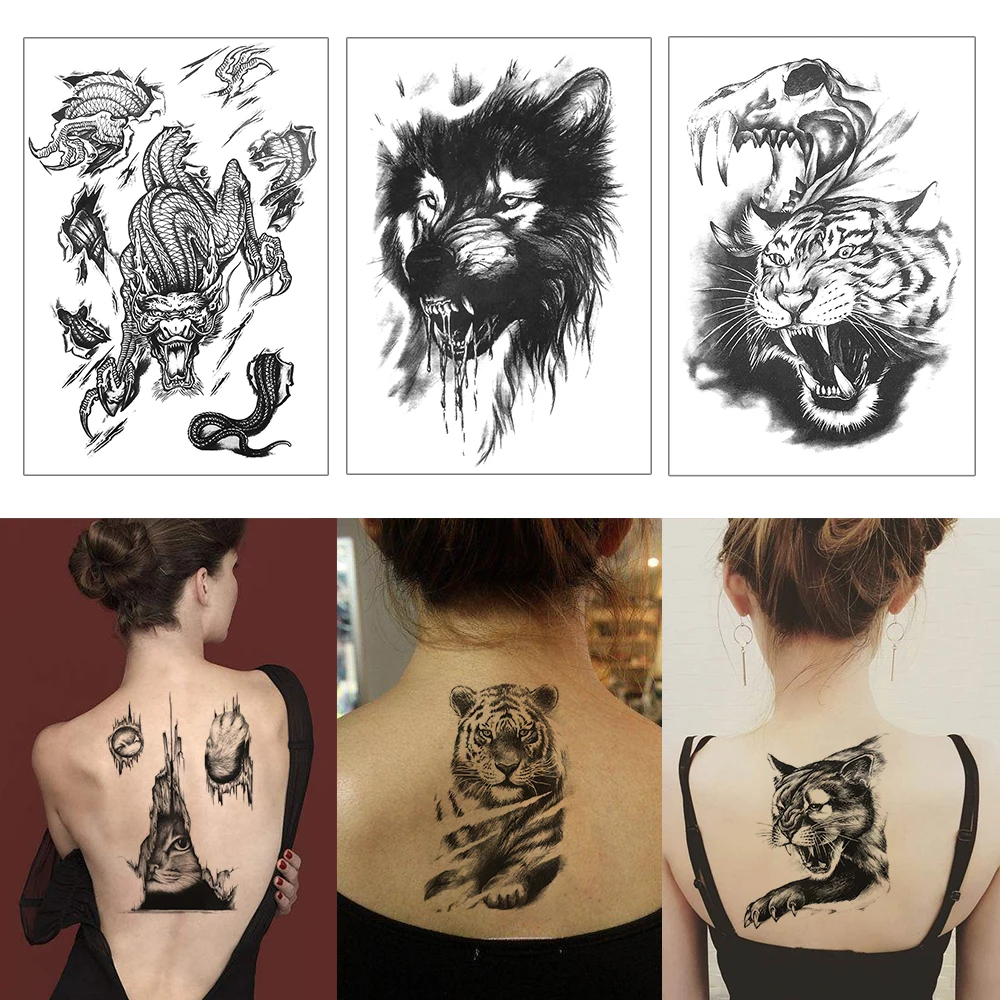 Мода harajuku черный животные временные татуировки наклейки Волк тигр водостойкие татуировки Хэллоуин мужчины женский макияж