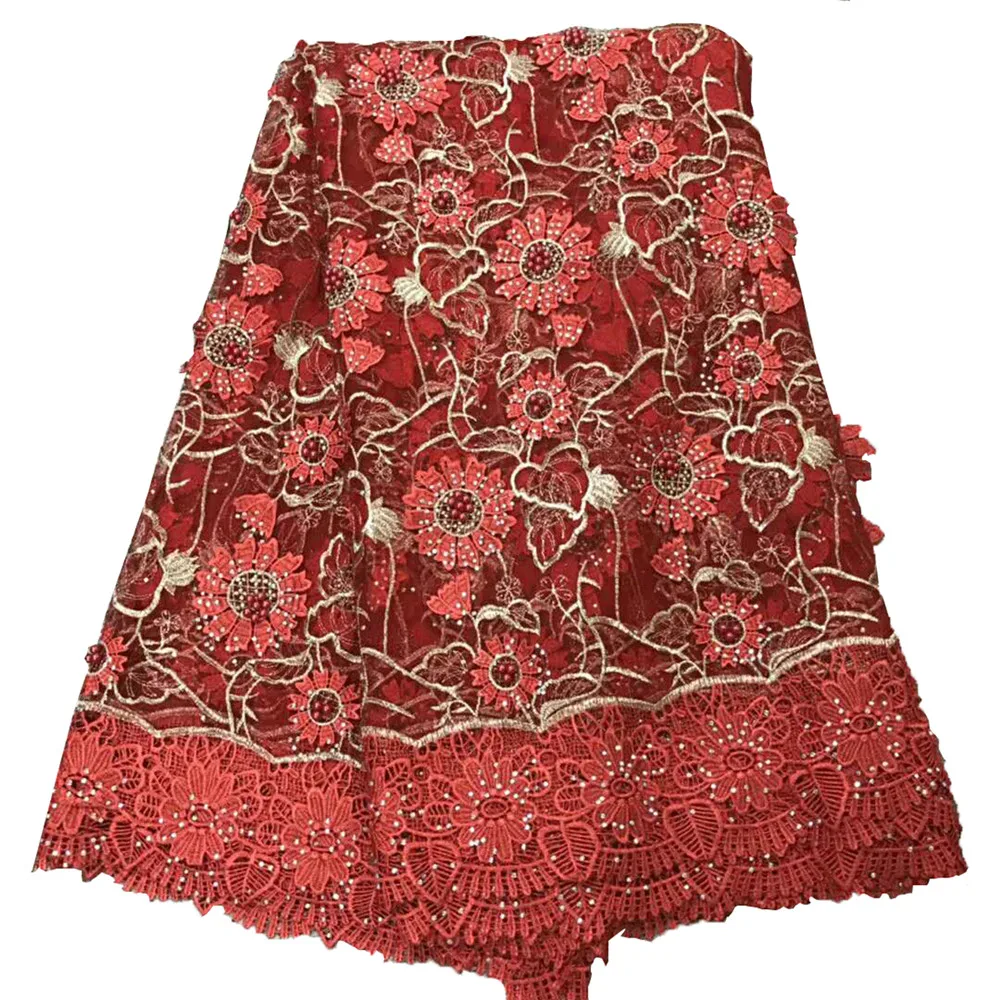 High Quality Nigerian Lace Fabrics With Beaded African French Net Lace Fabric Embroidered Tulle Mesh Lace Fabric Red H477-2