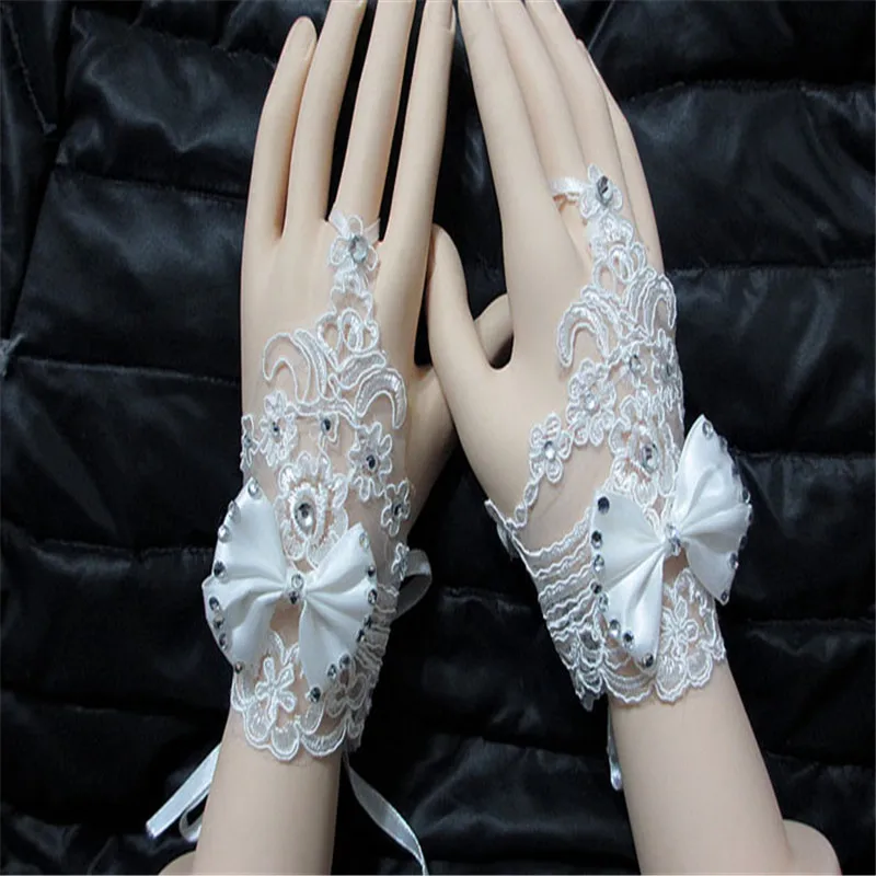 Rhinestone Lace Wedding Floral Bowknot Fingerless Short Gloves dress gloves Mitten guantes eldiven handschoenen 40FE2105