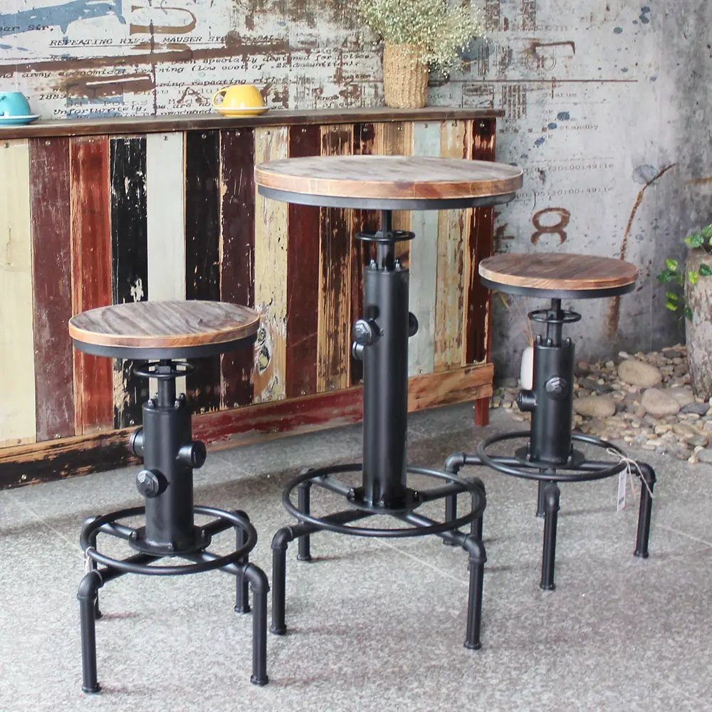 

iKayaa Pinewood Top Round Pub Bar Table Height Adjustable Swivel Counter Bistro Table Industrial Pipe Style Kitchen Dining Table