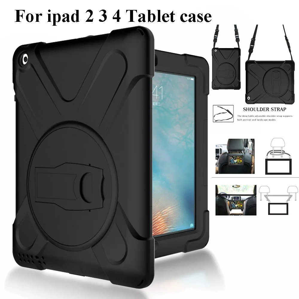 

Case For iPad 2 3 4 iPad 3 iPad 4 9.7 " Tablet, Rugged Heavy Duty Shockproof Rotating Kickstand Protective Cover+Shoulder Strap
