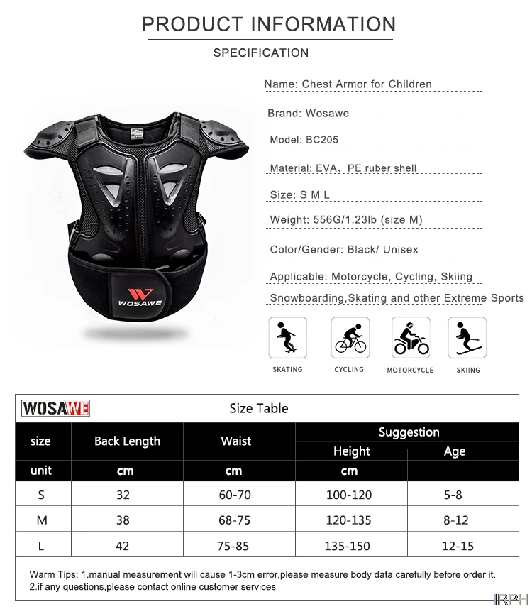 Scooter Skating WOSAWE Kids Body Armor Adjustable Motorcycle Chest Back Spine Protector Vest for 5-16 Years Old Children Dirt Bike Skiing