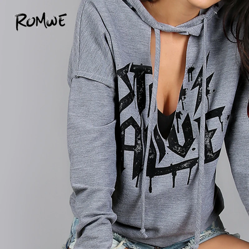  ROMWE Women Hoodies Sweatshirts Printed Distressed Cut Out Edgy Hoodie Autumn Grey V Neck Long Slee