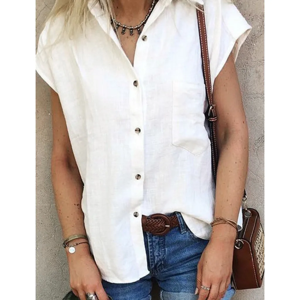 

Women's Solid Botton Cotton Blouses Short Sleeve Ladies White Office linen shirt women Plus Size Blusas Mujer blouse