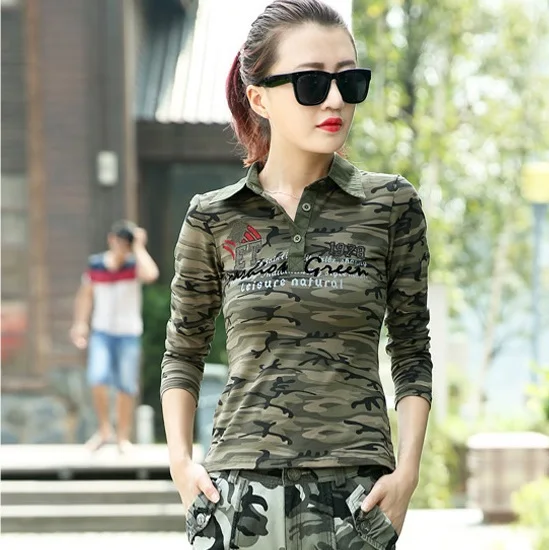

Summer new arrival 2019 military short-sleeve women's pol casual slim Camouflage top 100% turn-down collar cotton t-shirt