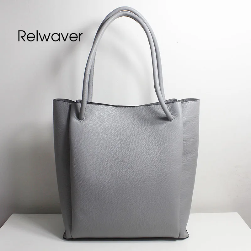 

Relwaver women genuine leather handbags natural cowhide business women grey white tote middle size hasp composite shoulder bag