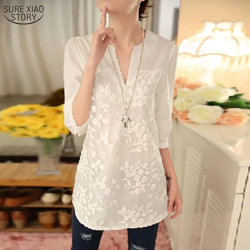 

2019 New Summer Korean Women Blouse Flower Print Blouse V-neck Organza Embroidered Shirt White Lace Blouse Top Plus Size 566F 25