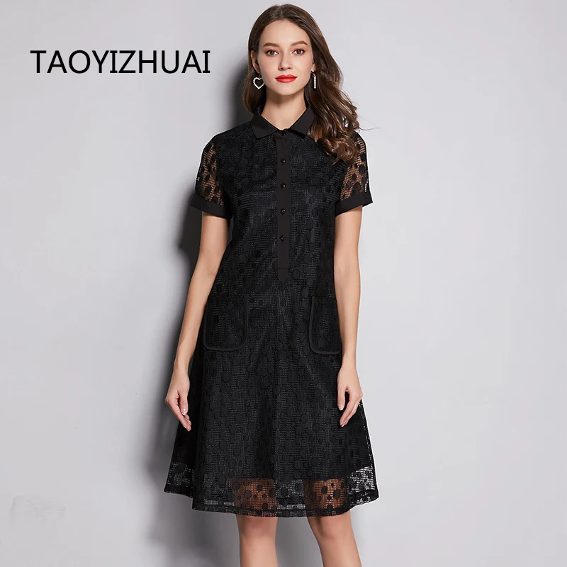 

TAOYIZHUAI Summer New Arrival Solid Casual style Square Collar Pocket Above knee fashion Plus Size Women lace Dress 11742