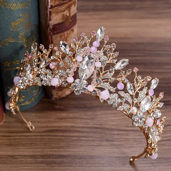 

KMVEXO New Gold Color Handmade Pink Beaded Crown Luxury Crystal Rhinestone Tiaras Wedding Hair Accessories Bridal Party Jewelry