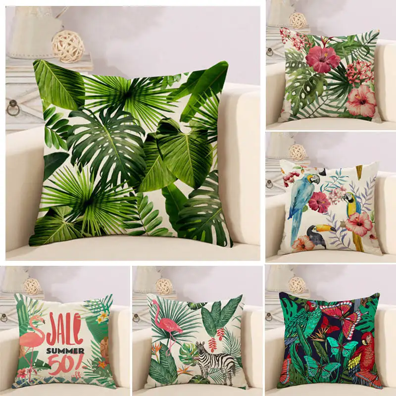 

Flamingo Linen Throw Cushion Covers Cases Tropical Leaves Decorative Cushion Cover