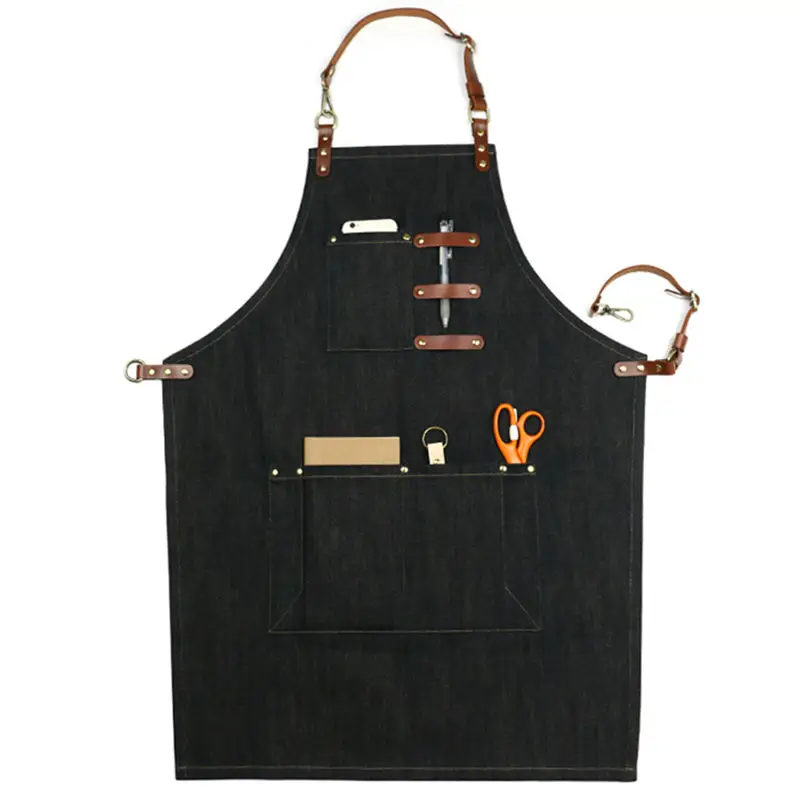 Full Length Black Denim Apron w/Leather Strap Barber Barista Florist