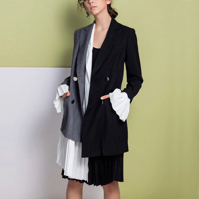 TWOTWINSTYLE лоскутное шифон ассиметричный пиджак пальто для женщин расклешенные с длинным рукавом Пиджаки Топы Женская модная одежда Корейский Ne