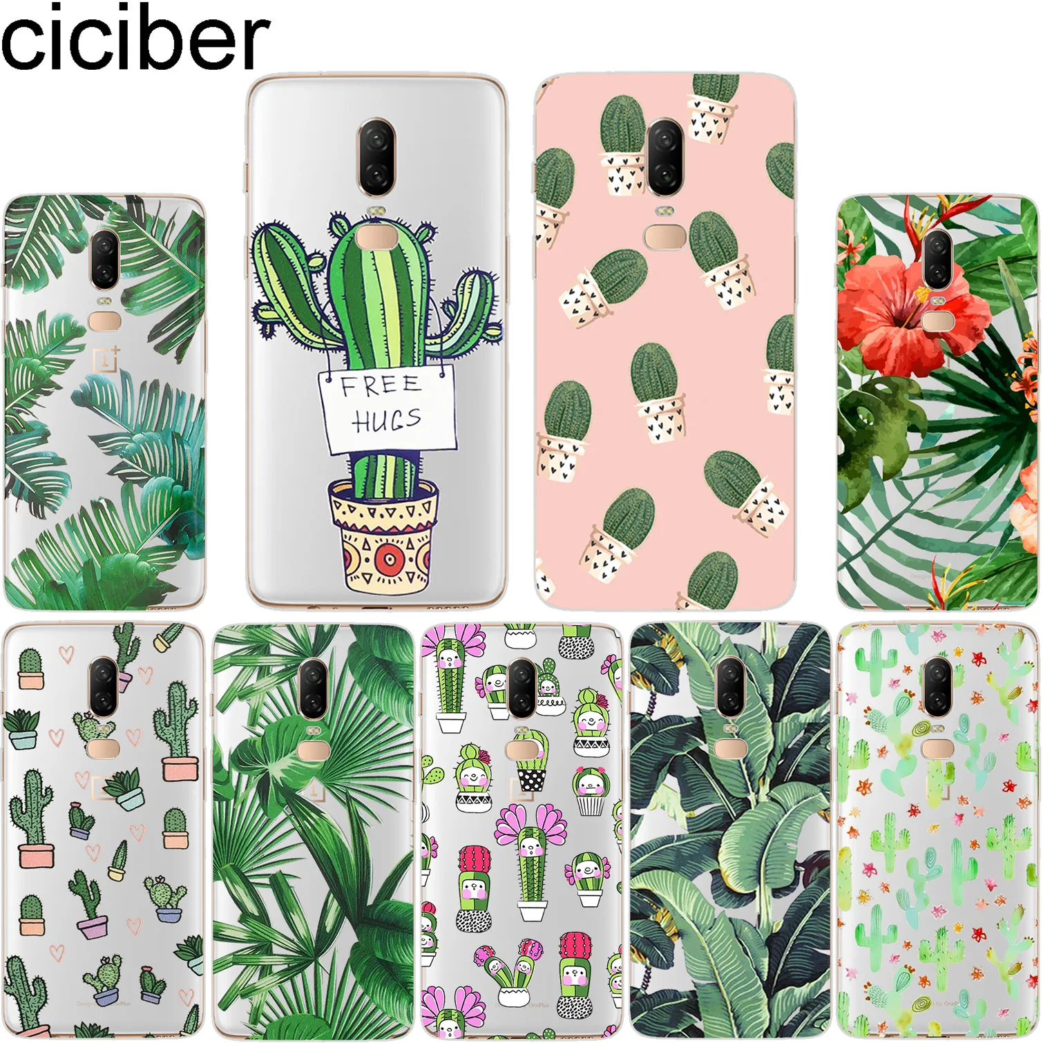 

ciciber For Oneplus 6 6T 5 5T Soft Silicone Cover Clear TPU Fundas Capa For 1+ 6 1+5 T Plant Cactus Leaf Floral Phone Cases