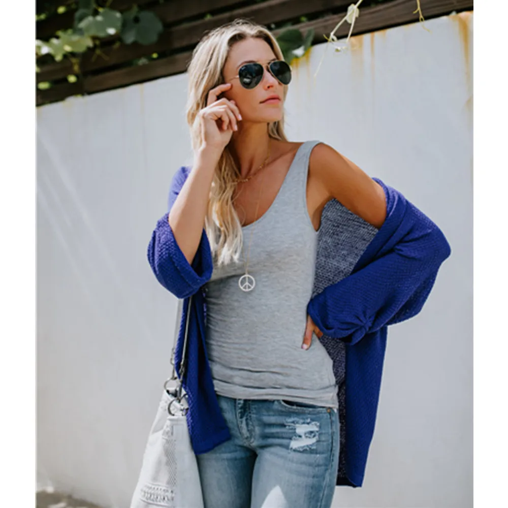 Cardigan Women Collarless Long Sleeve Solid Color Knitted Open Stitch Female Cardigan Knit Sweater Spring Autumn Casual Clothing 4