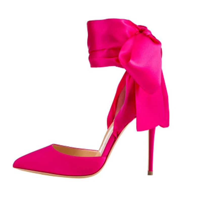 Brand Shoes Elegant Silk Satin Riband Bowknot High Heels Women Pointed Toe Party Wedding Stiletto Shoes 12cm Big Size 34-46