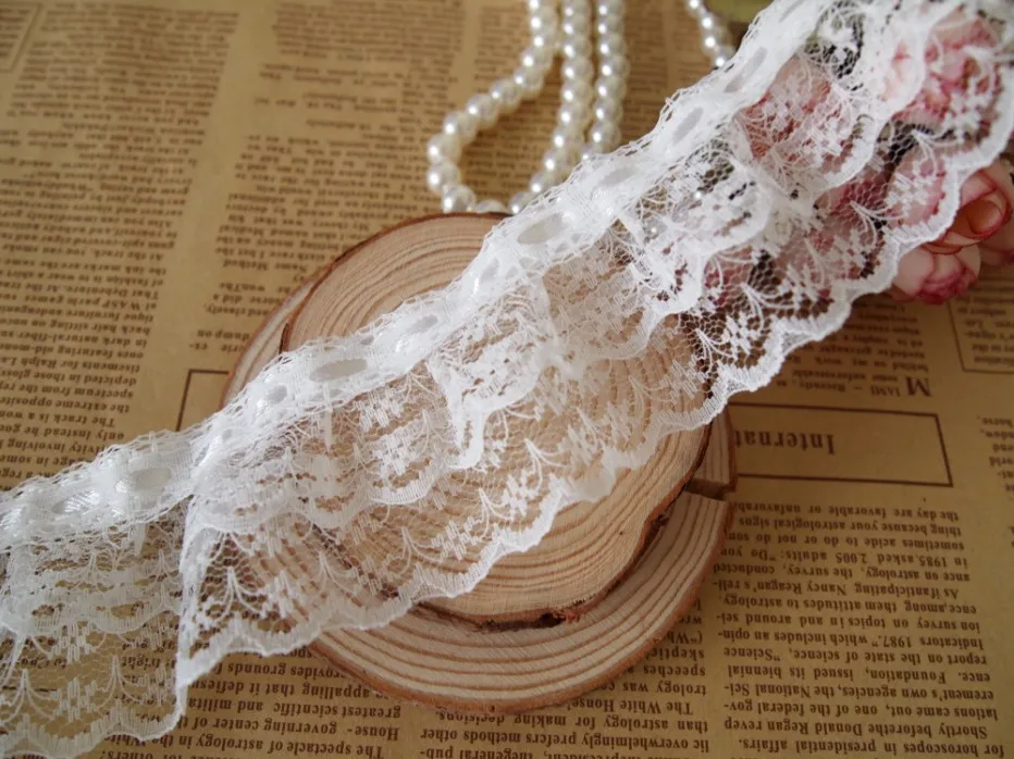 5cm Width Double Layer Pleated lace Trim White embroidery lace fabric