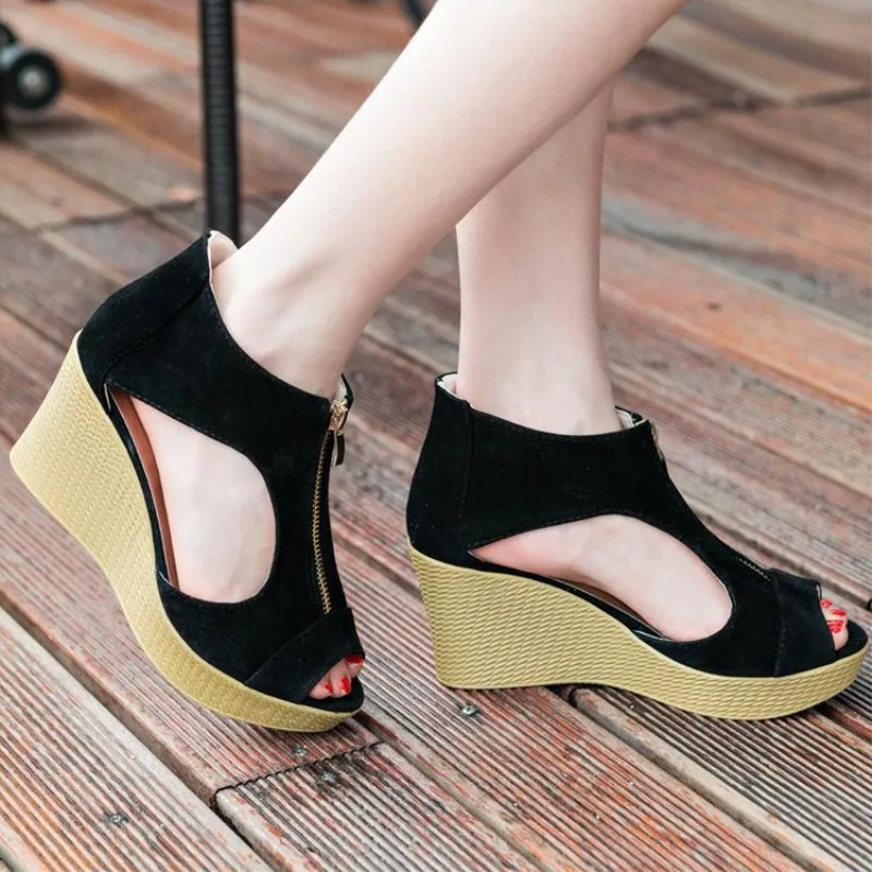 

SLHJC Women Pumps Peep Toe Summer High Heel Wedges Heel Sandals Front Zip Elevator Inner Height Increasing Sandal Shoes