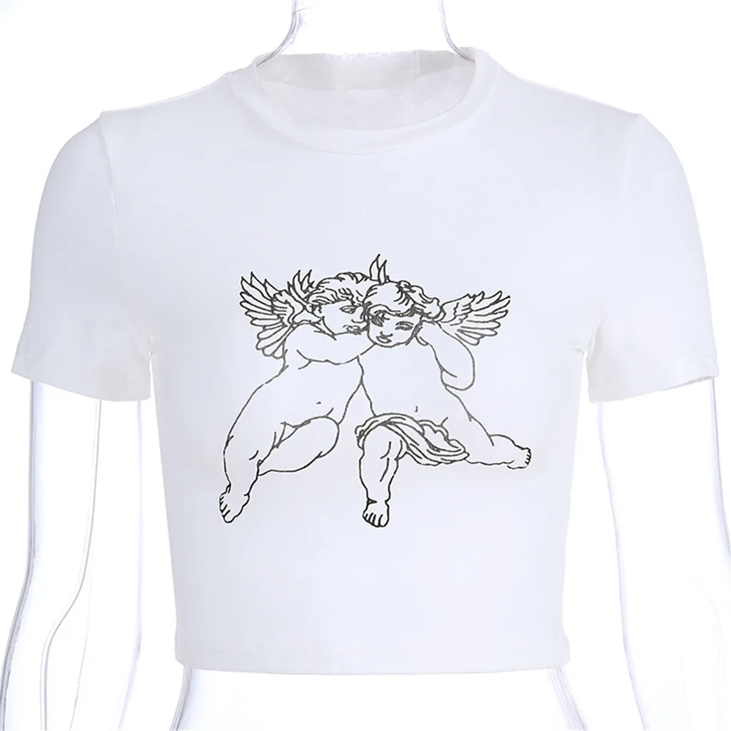 Харадзюку, женская летняя футболка, сексуальная женская хлопковая Футболка с принтом ангела, повседневные топы, женская футболка с коротким рукавом, camisetas mujer