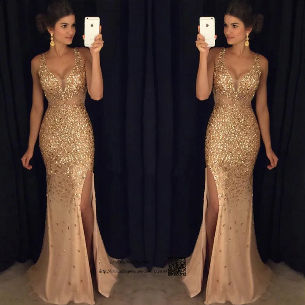 

Sparky Green Gold Formal Rhinestones Evening Dresses Long Mermaid Prom Dress Backless Crystal Party Gowns Split Vestido de Festa