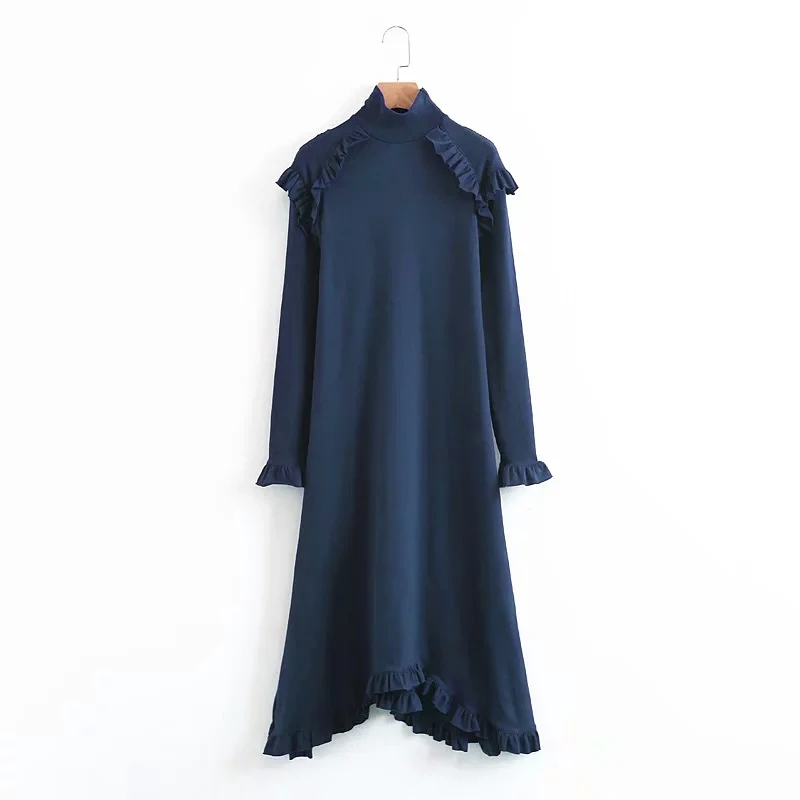 

PERHAPS U navy blue stand collar ruffle long sleeve a line midi dress elegant solid autumn D0672