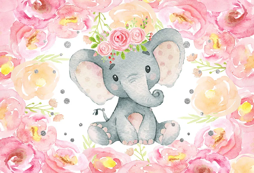 

Elephant Girl Baby Shower Birthday Pink Watercolor Flowers backdrop High quality Computer print party background