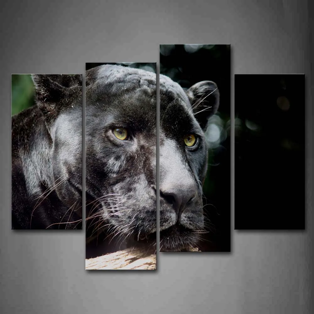 

4 Pics Framed Wall Art Picture Panther Head Wood Canvas Print Animal Modern Poster With Wooden Frame For Living Decor