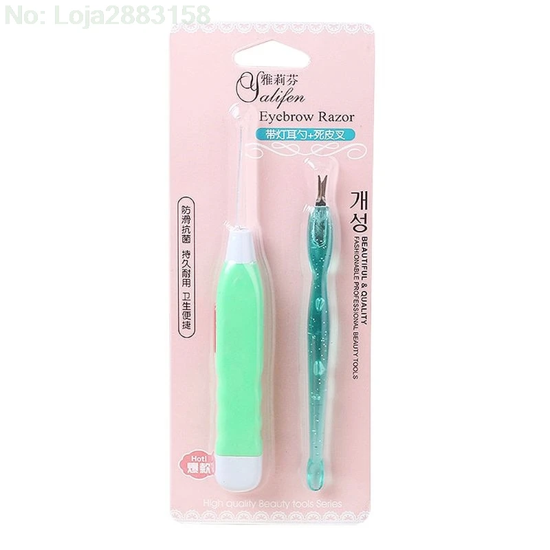 

2Pcs/Set LED Ear Pick Ear Wax Remover Cleaner + Dead Skin Fork Trimmer Cuticle Pusher Pedicure Manicure Tool