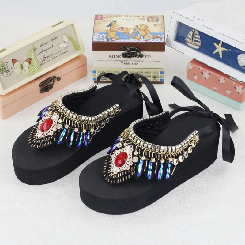 

2019 Beach Summer Platform Flip Flops Crystal Wedges Slippers Solid Slip On Bohemia Shoes Woman Size 35-42 XWD5610